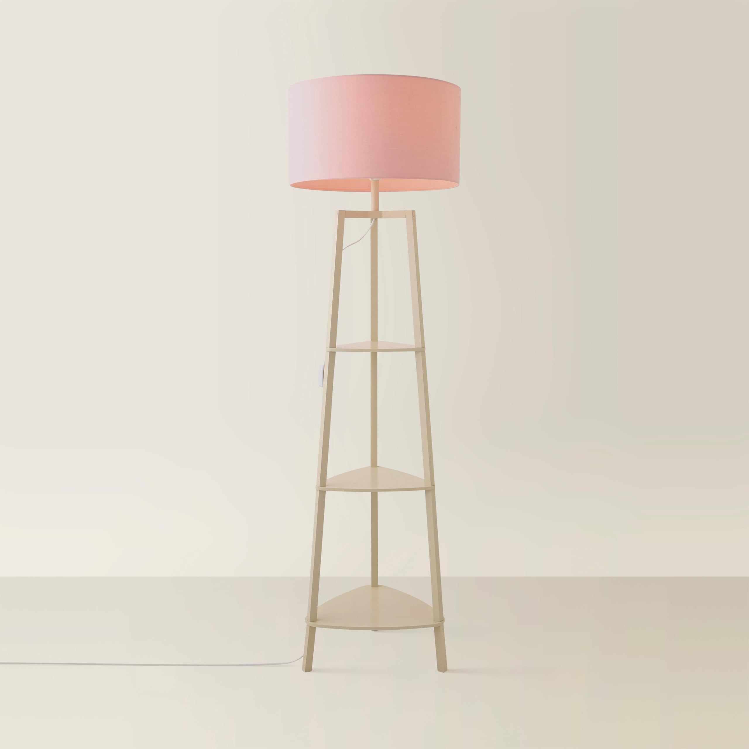 ValueLights | Hiru Painted Cream 3 Tier Wooden Shelf Floor Lamp with Blush Pink Lamp Shade | Floor Lamps, Home Décor & Improvement Essential