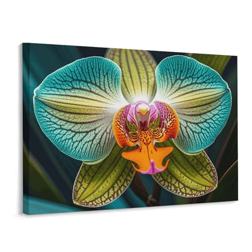 Orchidée bleu sarcelle et orange toile déco murale, le cadeau de Noël idéal pour salon