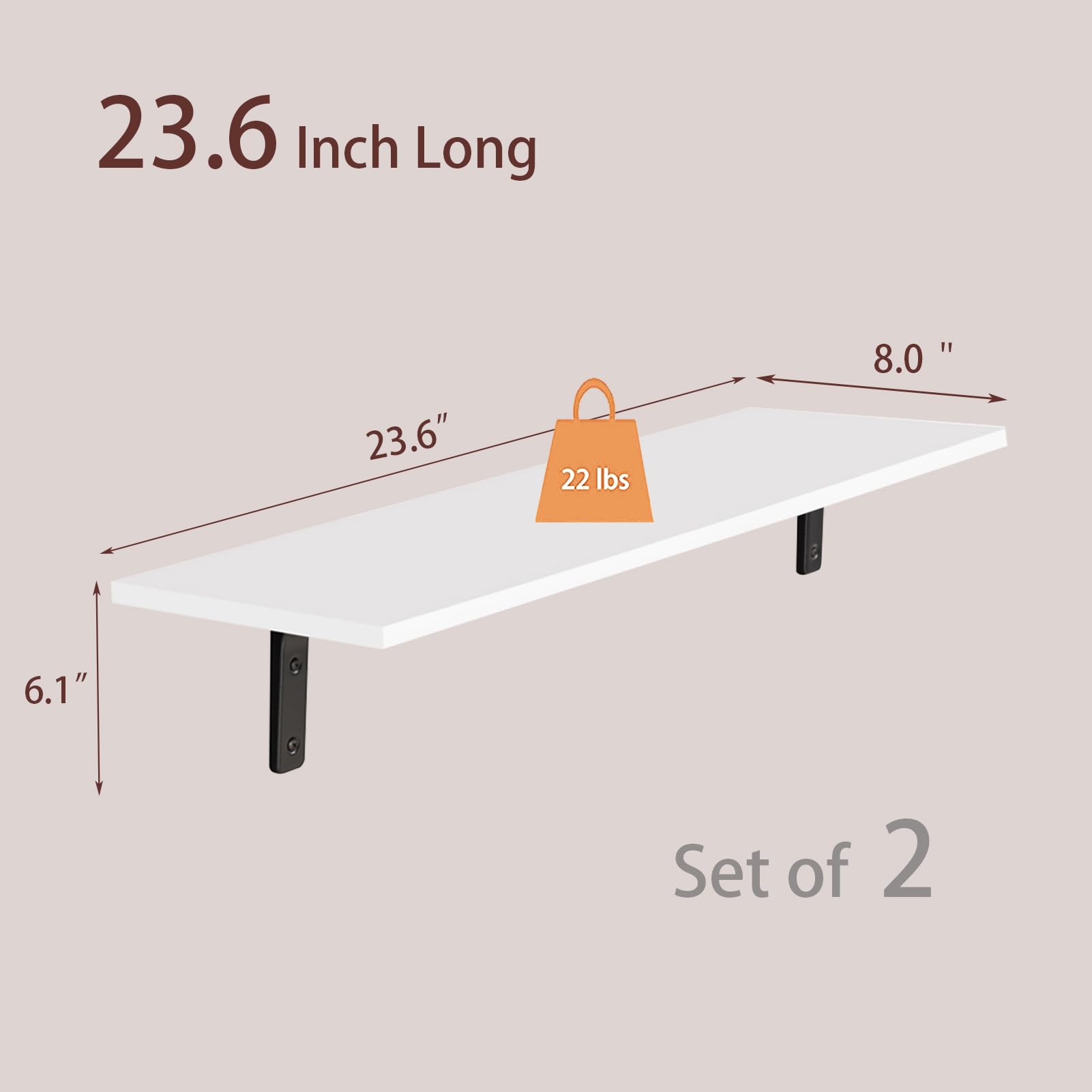 DINZI LVJ Juego de 2 estantes largos de pared de 23.6 pulgadas, fáciles de instalar, repisas de almacenamiento de pared con soportes de metal resistentes para sala de estar, baño, dormitorio, cocina,