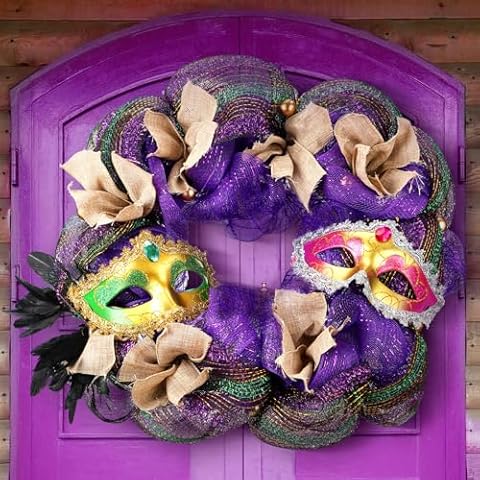 Dingion 20 Inch Mardi Gras Purple and Green Glitter Wreath for Carnival Front Door and Party Decor Venetian Mask Fleur De Lis Wreath Mardi Gras Home Decoration Indoor Outdoor Glitter Party Wreath Cover