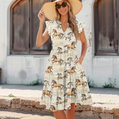 Image of Women's Casual Ruffle Sleeve Dress V Neck Pullover Dress Flowy A-Line Pleated Lightweight Dress with Pockets