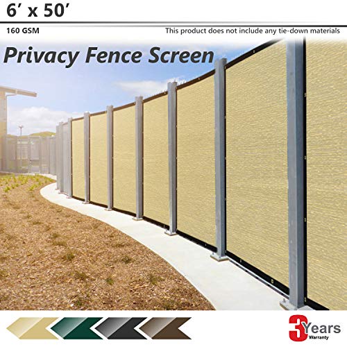 BOUYA Beige Privacy Fence Screen 6' x 50' Heavy Duty for Chain-Link Fence Privacy Screen Commercial Outdoor Shade Windscreen Mesh Fabric with Brass Gromment 160 GSM 88% Blockage UV -3 Years Warranty