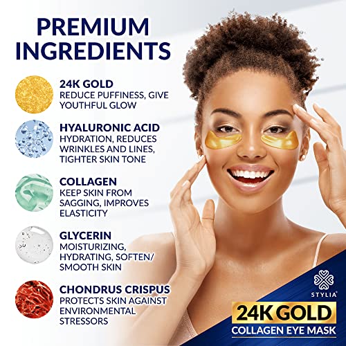 Stylia 24K Gold Under Eye Patches - 20 Pairs Under Eye Mask With Hyaluronic Acid, Hydrolyzed Collagen, Plant Extracts - Gel Eye Mask Patches For Puffy Eyes, Dark Circles, Wrinkles #TOP2