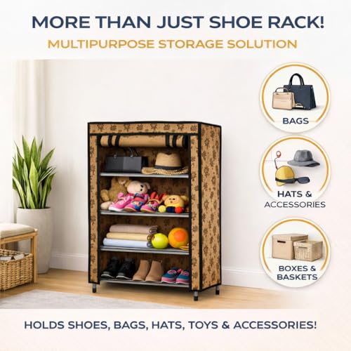 Image of Metal Shoe Stand with Cover, 4 Tier Shoe Organizer for Home & Office - Flower Print