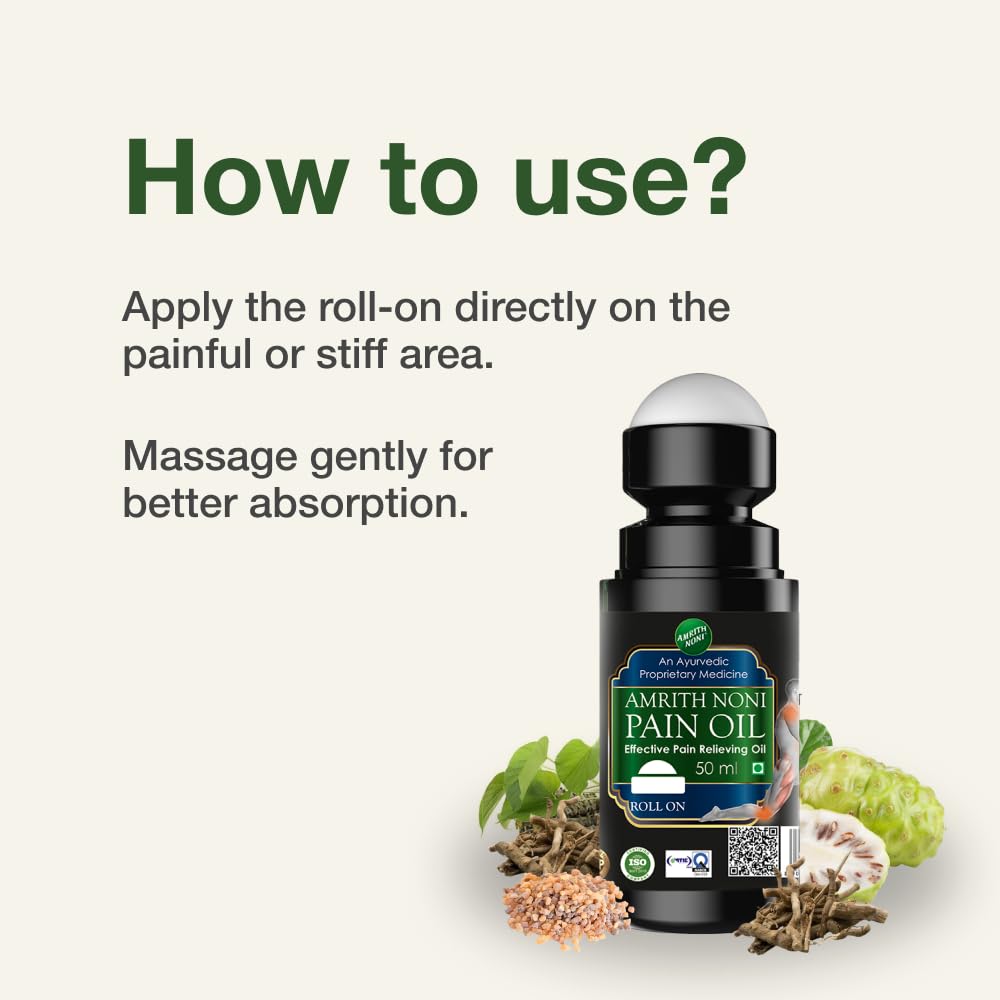 Amrith Noni Pain Oil Rollon 50ml | Ayurvedic pain relief roll on for low Back, Joint, Knee, Body, Ankle, Muscle, Neck, Shoulder, Elbow - Pack of 3 2