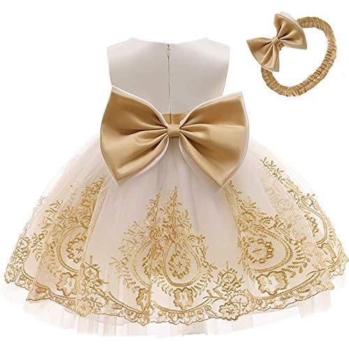 Routefuture Bébé Fille Brodé Bowknot Fleur Princesse Anniversaire Fête Robe Bébé Mariage Baptême Tutu Robe Filles Princesse Robe avec Bandeau (Or,2-3 Ans)