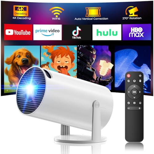 Mini Projector with WiFi and Bluetooth, 4K Projector, Portable Projector for Bedroom, Smart Projector of 270° Rotatable 130'' Projector Screen Compatible with iphone/TV Stick/HDMI/USB/Laptop