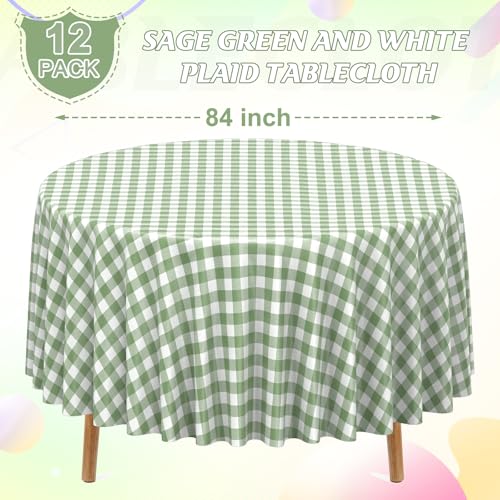Image of 12 Pack Sage Green Plastic Checkered Tablecloth Round, Premium Decorative Disposable Sage Green Gingham Plaid Table Cloths for Parties, Round Party Table Cover for Baby Shower Picnic Birthday, 84 Inch