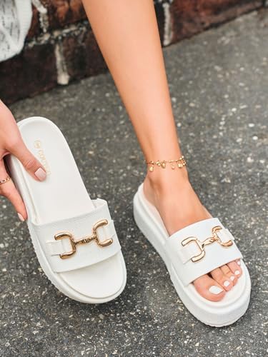 Image of Coutgo Womens Platform Sandals Raffia Espadrilles Metal Chain Slip on Open Toe Cute Beach Slide Sandals
