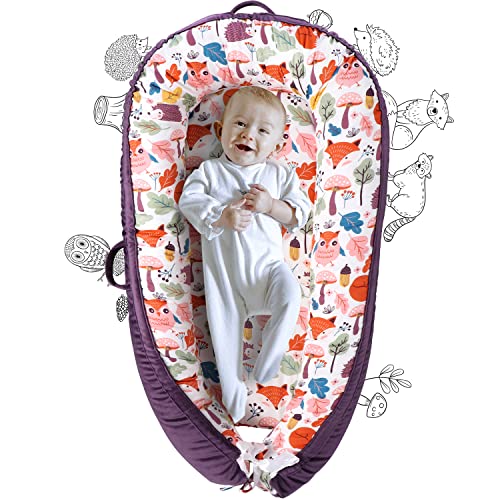 Image of Yoocaa Baby Lounger - Soft 100% Cotton & Fiberfill Breathable Newborn Lounger, Infant Portable Baby Bed for Traveling (Animal)