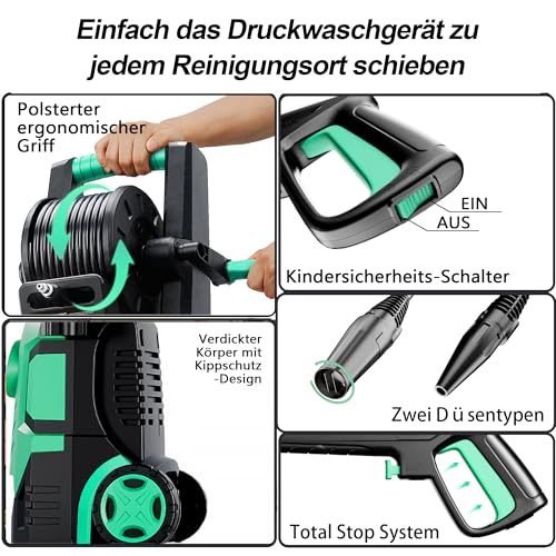 2026New Hochdruckreiniger Touchscreen 8-stufiger 200 Bar, 6-in-1-Düse, Einstellbarer Druck 100-200bar, Fördermenge 280-500l/h, Flächenleistung 60m²/h, Wassersparend, mit Schaumkanone Schlauchtrommel 6