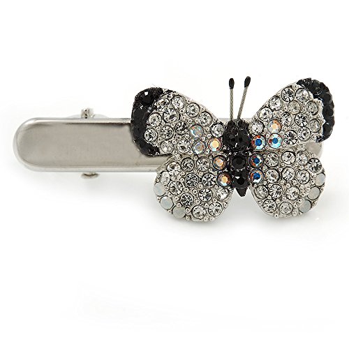 Clip de mariposa de cristal austriaco transparente pasador de pelo plateado 37 mm