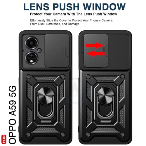 Image of AESTMO Tough Armor Oppo A59 5G Bumper Back Case Cover | Ring Holder & Sliding Camera Shield Cover | 360 Degree Protection Back Case Cover for Oppo A59 5G (Black)