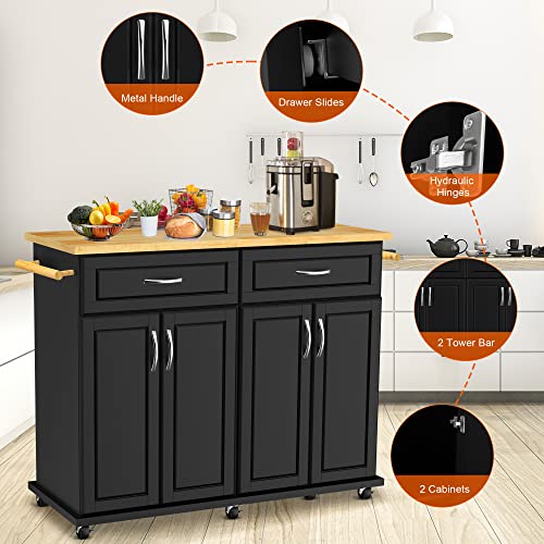 Codesfir Kitchen Island Cart With Storage Cabinet, Kitchen Island On Wheels With Drawer And Towel Rack, Rubber Wood Top, L48Xw18Xh36 Inches, Black #TOP4