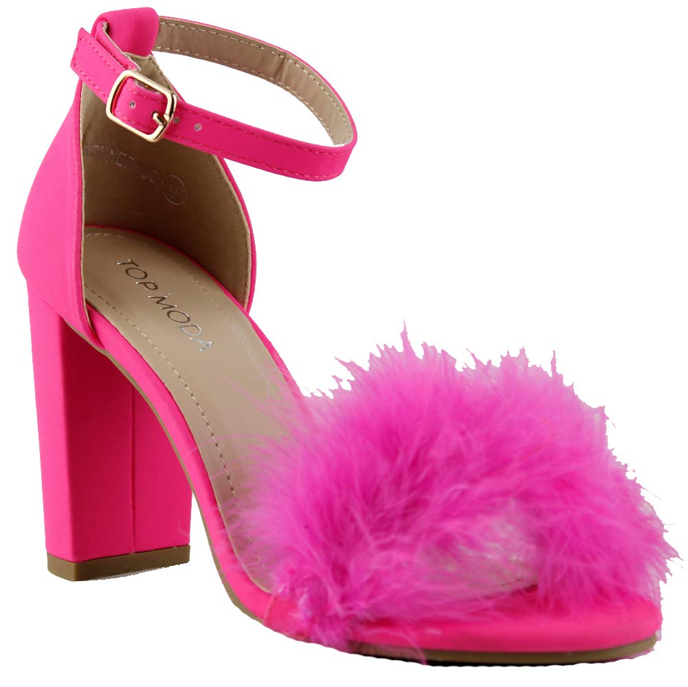 TOP ModaK 30 Womens Feather Fur Chunky Heel Sandals Nubuck Hot Pink 10