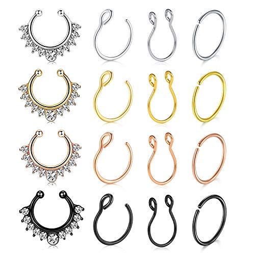 JFORYOU 16 Pièces Acier Inoxydable Faux Piercing Nez Anneaux à Nez Anneau Faux Septum Hoop Bijou de Corps Cover