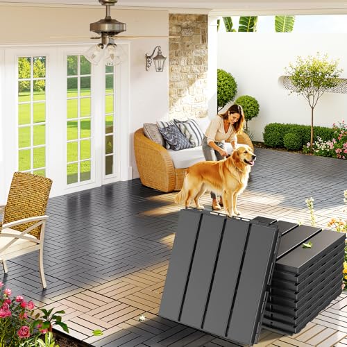Goovilla Plastic Interlocking Deck Tiles 9 Pack  12x12 Waterproof Outdoor Flooring All Weather Use Patio Floor Decking Tiles for Porch Poolside Balcony Backyard Dark Grey