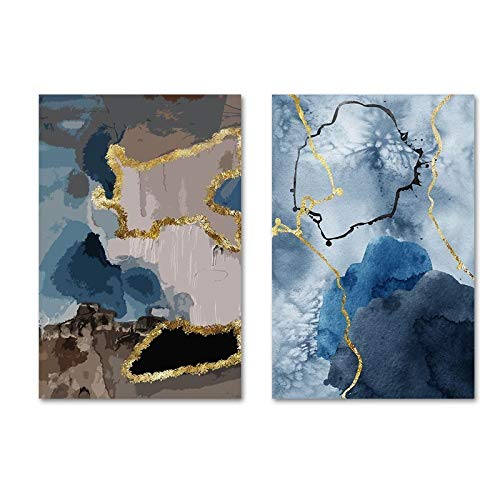 Peinture Toile Marbre Bleu Or Argent | Tableau Mural Abstrait Moderne pour Déco Intérieure