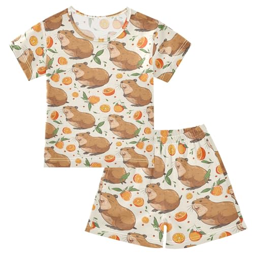 ALAZA Capybara Orange Fruit Pajamas Short Sleeve 2 Piece Sleepwear Top and Bottom Pajama Set Unisex