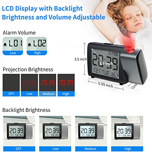 Image of Projection Alarm Clock for Bedroom: Digital LCD Clock with Temperature Date Snooze 12 /24H and Weekend Mode, Easy Set Dimmer Clock with 2-Levels Volume, Mains and Battery Operated
