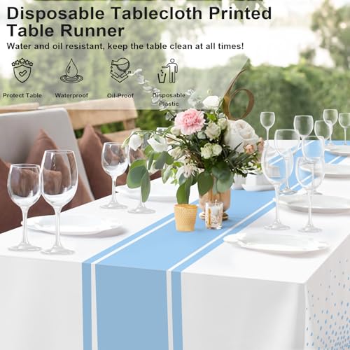 Image of 6 Pack White and Light Blue Tablecloth Party Decorations Plastic White Tablecloth Printed Light Blue Table Runner 54 x108 Inch Disposable Rectangle Table Cover for Birthday Wedding Graduation