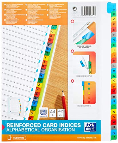 OXFORD Intercalaires Alphabetiques 26 Positions Format A4+ Carte Blanche 170G