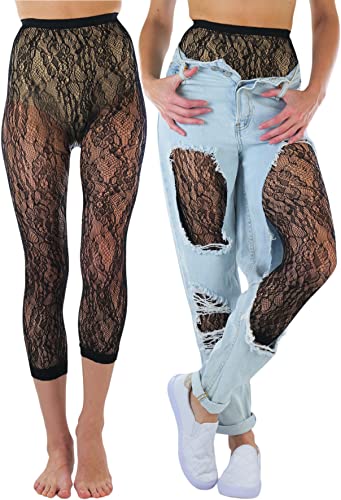 Image of ToBeInStyle Women's Single Floral Lace Fishnet Tights Footless & Stirrup Design