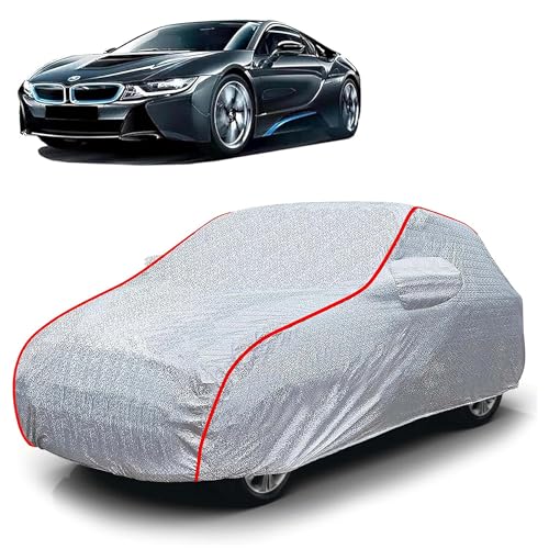 Image of Sulfar 100% Waterproof Car Body Cover Compatible with Mirror for BMW i8 (Triple Stitched, Full Bottom Elastic, Magic Silver with Red Piping)