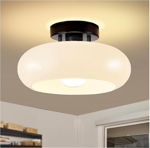 Lámpara de techo semiempotrada, lámpara moderna de mediados de siglo de 11 pulgadas, accesorios de iluminación negros para pasillo con pantalla de