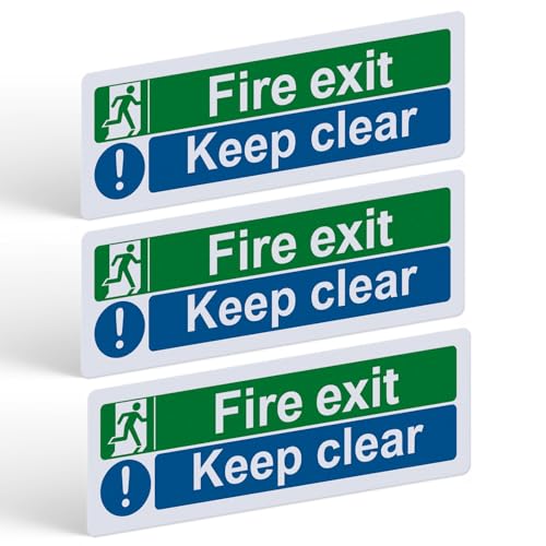 3 Pack Fire Exit Keep Clear Sign 300mm x 100mm, Self-Adhesive Vinyl Safety Sticker for Doors and Walls, Waterproof UV Resistant, Indoor Outdoor Use, Easy to Apply