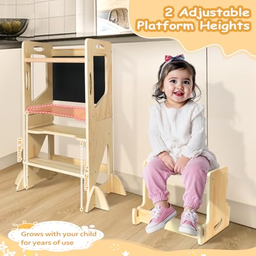 Image of Adjustable Height Toddler Kitchen Step Stool, Learning Standing Tower with Blackboard, Kids Wooden Kitchen Stool Helper, 1-3 Years Old Boys Girls Gift, 5-in-1 with Bench