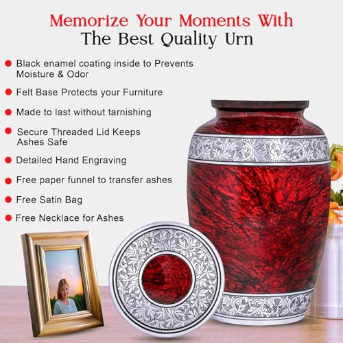 Image of Hand-Engraved Red Urn for Ashes for Women & Men with Ash Necklace & Velvet Bag | Red Marble Finish Metal Cremation Urns for Human Ashes Adult Man | Elegant Burial & Funeral Urn - Large, 220 lbs