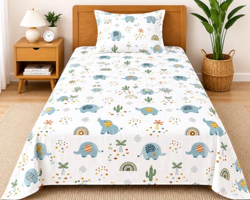 Image of Microfibre Printed Bed Kids Room Bedsheet with Pillow Covers (White, Single)