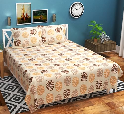 Image of HOMEKART 100% Cotton Feel Double Bed Bedsheet Set | 180tc to 220tc Soft & Breathable with 2 Pillow Covers | Wrinkle Free | for Bedroom & Gifting (Color -Beige & Brown, 90 x 90 Inches)