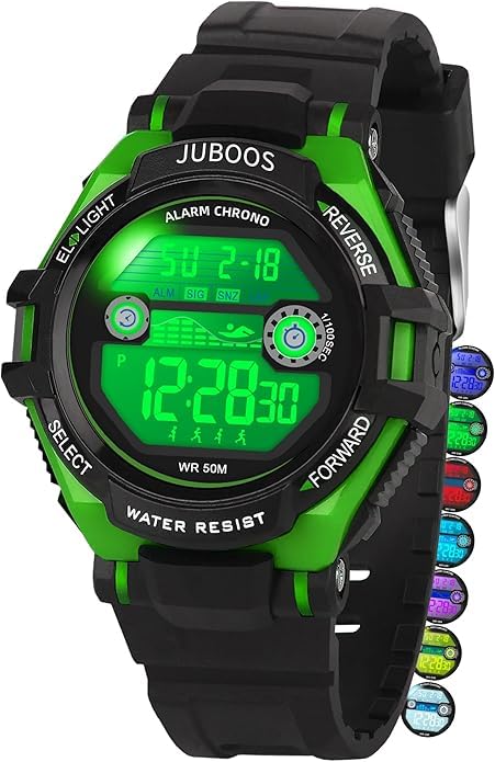 Juboos Kinder Digitaluhren Jungen Mädchen,7 Farben LED-Licht,Wasserdicht, mit Alarm,Stoppuhr Outdoor Armbanduhr für Kinder 5-16 Jahre