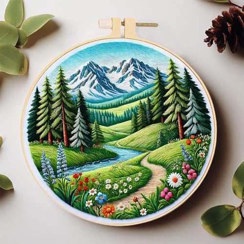 Image of Huacan 5 Complete Embroidery Starter Kit for Beginners Includes Sun Landscape Pattern Full Range of Stamped Kits for Endless Creative Possibilities (Flower and Scenery)