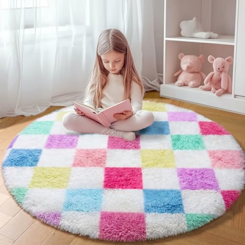 Image of KICMOR Pink Rainbow Round Rugs 5ft for Bedroom Living Room, Cute Fluffy Soft Circle Area Rug Fuzzy Shag Shaggy Carpet, Circular Checkered Rug for Kids Girls Boys Dorm Nursery Home Decor Aesthetic
