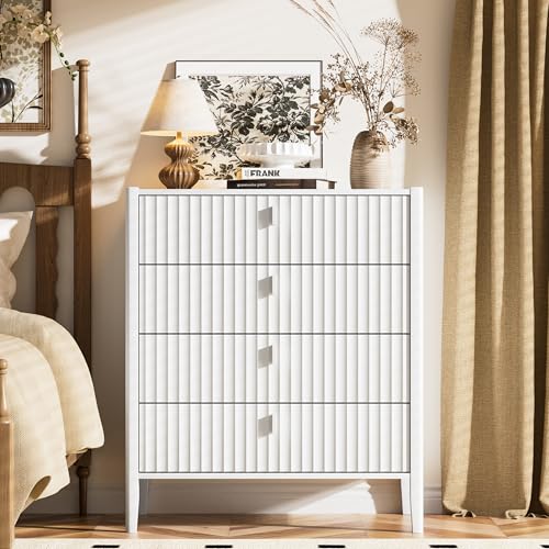 Image of Furniway White 4 Drawer Dresser, 31.5 inch Wide Modern Chest of Drawers with Fluted Front and Metal Handles, Storage Dresser for Bedroom, Living Room, or Entryway