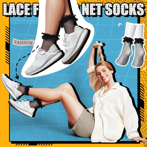 6 Pairs Women's Lace Socks Fishnet Ruffle Frilly Ankle Socks Mesh Hollow out Knee High Stockings for Women Girls3