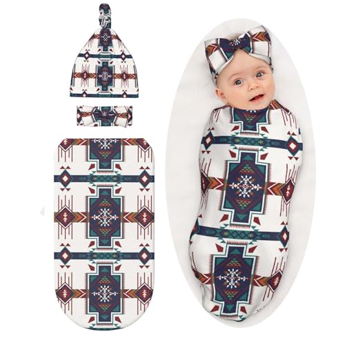 Image of Western Southwest American Aztec Baby Stuff Swaddle Blanket Wrap Baby Newborn Blanket Soft Stretchy with Headband Hat Set Gift for Infant Boy Girl