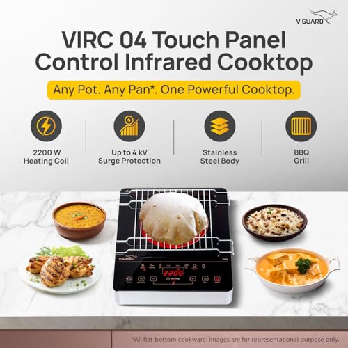 Image of V-Guard VIRC 04 2200 W Infrared Induction Cooktop | Compatible with All Utensils | Up to 4 kV Surge Protection | BBQ Grill | Touch Panel Control | Stainless Steel Body | 1 Year Warranty by V-Guard