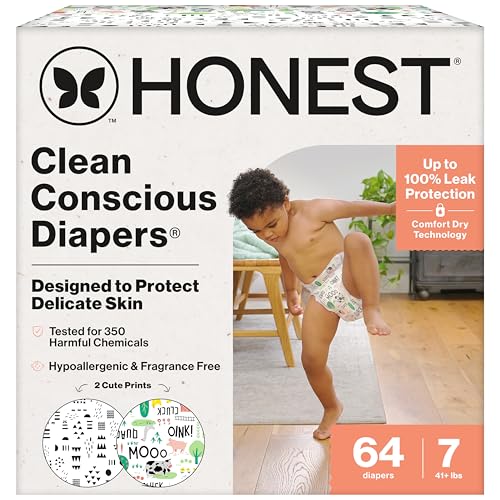 Image of The Honest Company Clean Conscious Diapers for Delicate Skin | Up to 100% Leakproof | Hypoallergenic, Fragrance Free | Gender Neutral | Super Club Box, Size 7 (41+ lbs), 64 Count (Prints May Vary)
