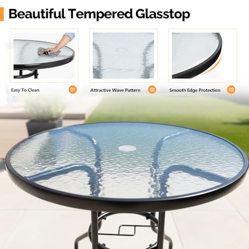 Image of VINGLI Round Patio Table with Umbrella Hole, 32 inch Outdoor Dining Table Steel Tempered Glass Patio Tables Round Outdoor Tables for Balcony Garden Deck