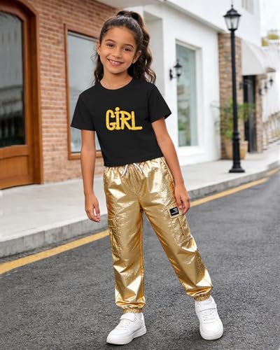 Image of Betusline Girls 2 Piece Summer Outfits,Black Print Cute Short Sleeve Crop Tops + Gold Cargo Jogger Pants Clothes,4-5T = Tag 120