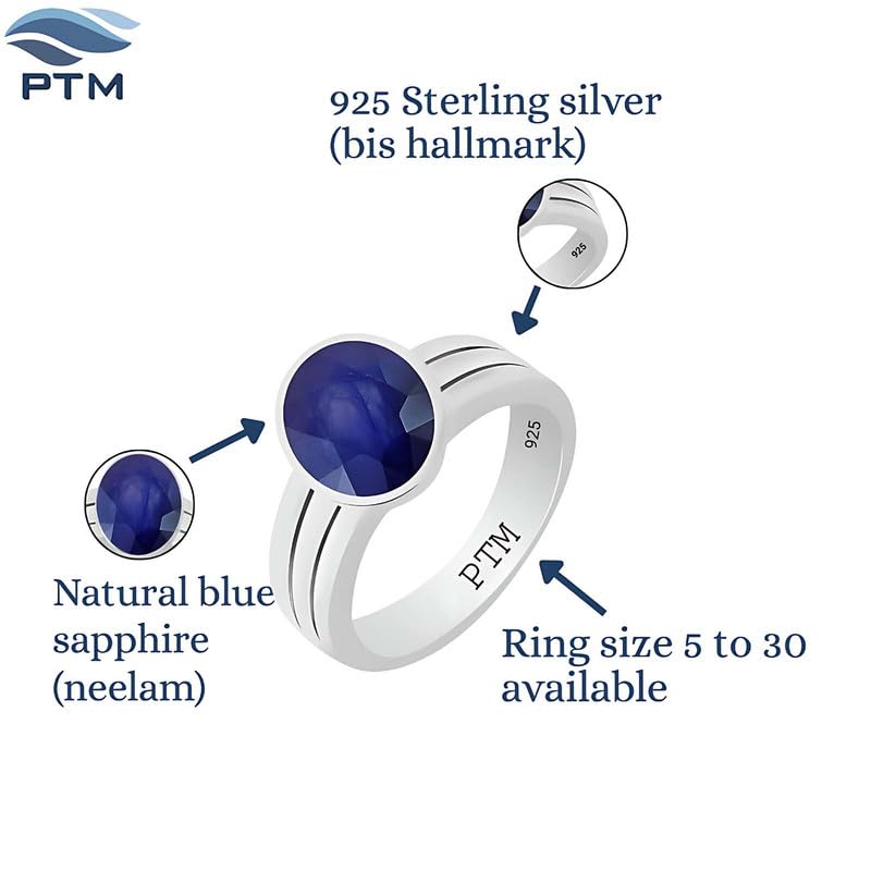 Image of Natural Blue Sapphire 3.25 Ratti to 10.25 Ratti or 3 Ct to 9.5 Carat Astrological Certified Gemstone Sterling Silver bis hallmark Ring for Unisex