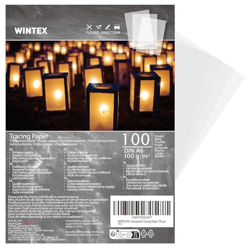 WINTEX Papel Vegetal A6 - Set 100x Láminas Papel Cebolla A6 de 100 g/m² - Hojas Transparentes de Calco para Dibujo Imprimir - Hojas Color Blanco Translúcido