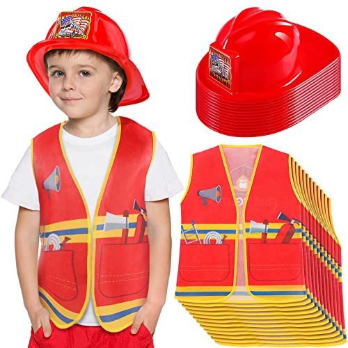 Geyoga 24 Pcs Fireman Costume Set for Kids, Fireman Role Play Party Supplies, Includes 12 Firefighter Helmet and 12 Vest for Kids Ages 3-8 Birthday Halloween Role Play Party Dress