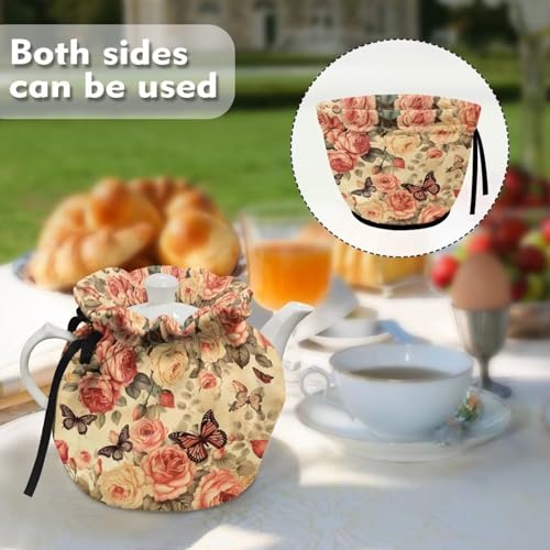 Image of Retro Butterfly Roses Dustproof Tea Pot Cozies Durable Tea Cosy Insulation and Keep Warm Kitchen Home Decorative Tea Pots Cover Both Sides Can Be Used
