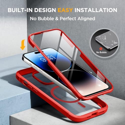 Image of Miracase Magnetic for iPhone 14 Pro Max Case 6.7 inch, (Compatible with MagSafe) Upgrade Full-Body Clear Phone Bumper Case with Built-in 9H Tempered Glass Screen Protector, Magnetic Red