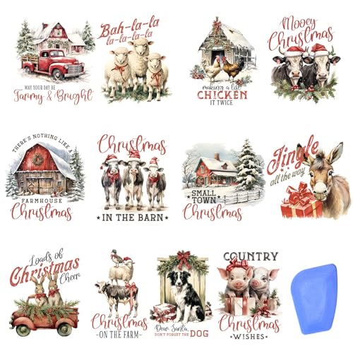 Image of ZMRU 24 Sheets Vintage Christmas Rub On Transfers for Crafts, Rub On Transfers Christmas for Wood,Furniture Decals, Glass, Porcelain, Leather, Canvas, Fabric Projects,3 * 3inch(Farm Christmas)